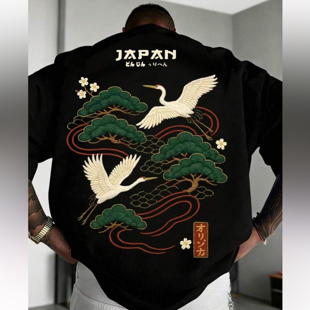 Black Shirt with Crane and Tree Design